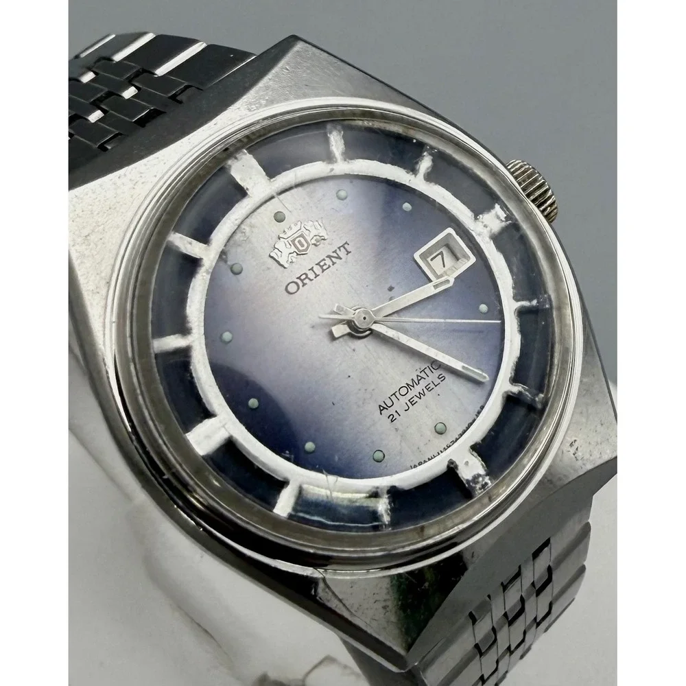 Vintage Orient Automatic 21 Jewels Blue Dial Date Stainless Steel Watch 25mm
